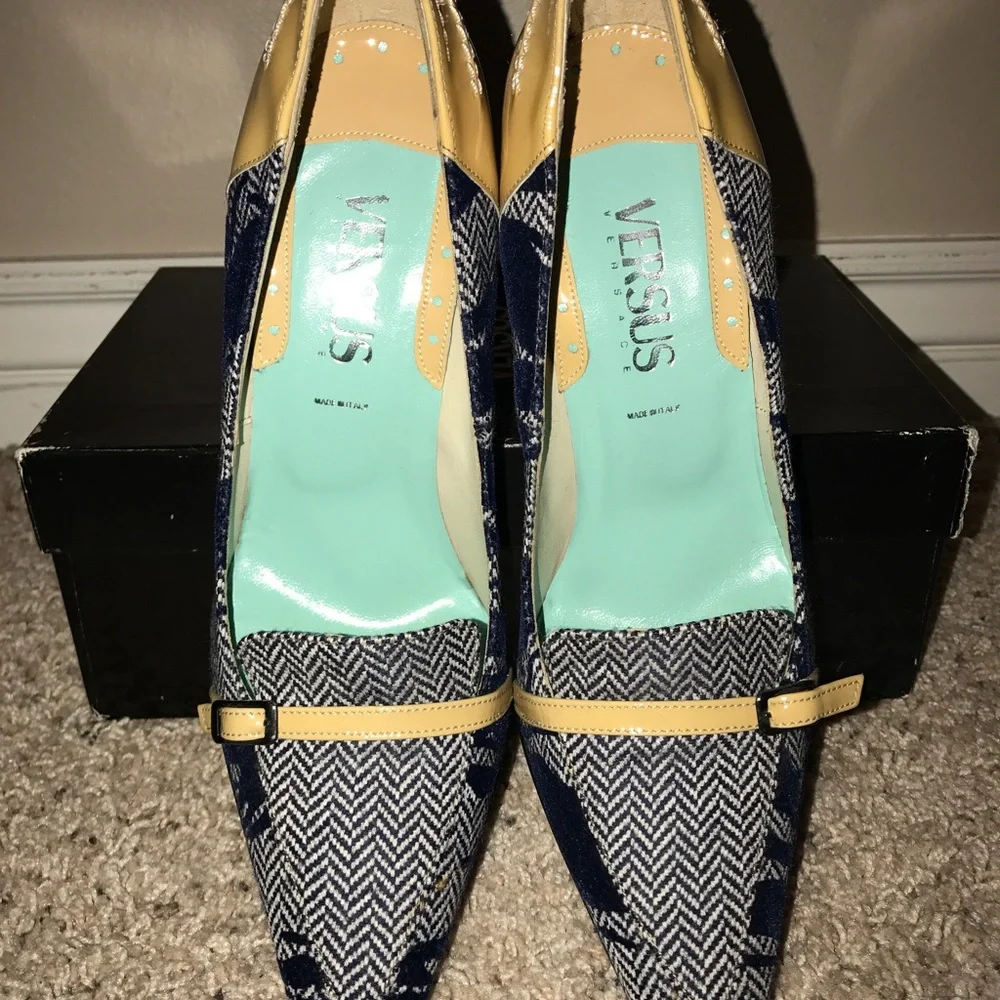Versus By Versace Navy Chevron Pointed-Toe Heels with Cream Trim